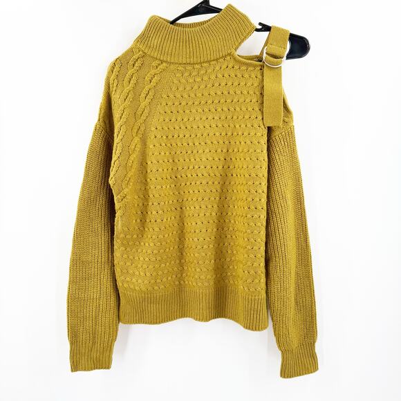 DKNY Sweater Size Extra Small Cold Shoulder Buckle Belt Chartreuse Knit Fall - Picture 1 of 15